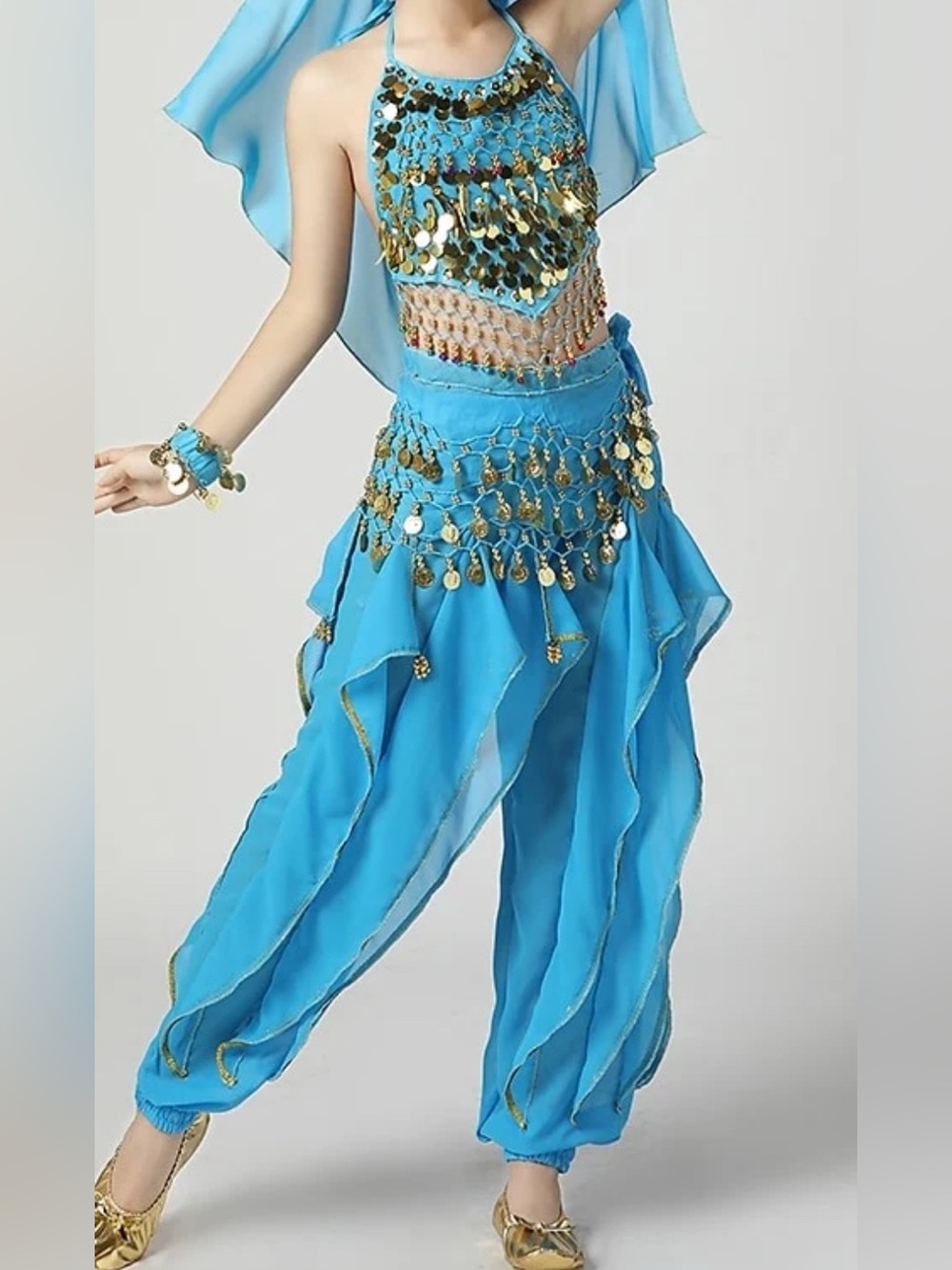 Turquoise Belly Dance Harem Pants Set with Gold Coin Accents, Jasmine costume